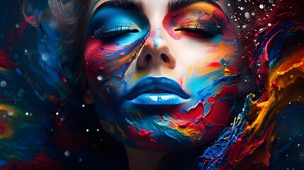 Woman with colorful makeup on her face, coloring powder splash on  background created with Generative AI technology.