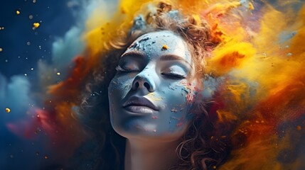 Woman with colorful makeup on her face, coloring powder splash on  background created with Generative AI technology.