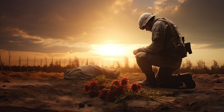 soldier kneeling before a fallen soldier in a sunset