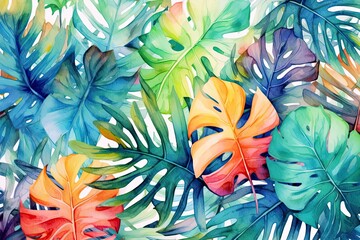 Tropical Paradise: Watercolor Painting of Beautiful Tropical Leaves (Generative AI)