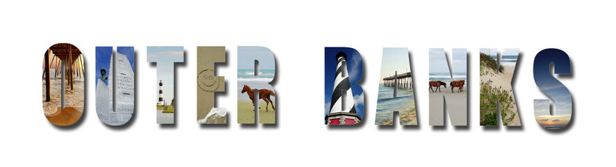 Collage of images from the North Carolina Outer Banks, text isoated on white