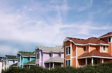 Fototapeta na wymiar Pastel color beach houses in Nags Head, on the North Carolina Outer Banks