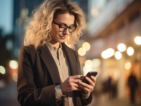 Close-up Image Of Business Woman Watching Smart Mobile Phone Device Outdoors. Businesswoman Networking Typing An Sms Message In City Street.