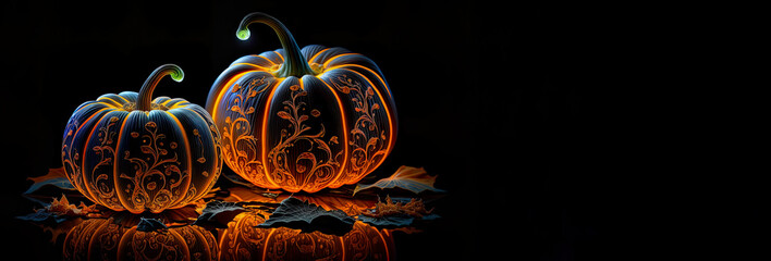 Neon orange pumpkins on black background, celebration card for Halloween, harvest and Thanksgiving. Modern pumpkins design for autumn and october greetings.