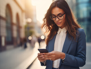 Close-up image of business woman watching smart mobile phone device outdoors. Businesswoman networking typing an sms message in city street.