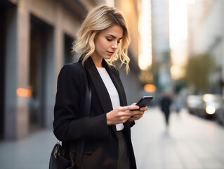 Close-up image of business woman watching smart mobile phone device outdoors. Businesswoman networking typing an sms message in city street.