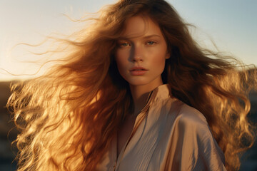 portrait of a woman/model/book character in a close up with long copper red hair in a fashion/beauty editorial advertisement magazine style film photography look redhead - generative ai art