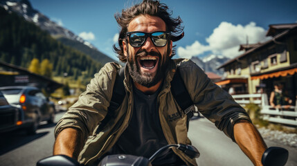 Fototapeta na wymiar Happy man riding a scooter in a mountain village.