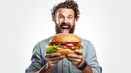 Man Enjoying a Hamburger on White Background