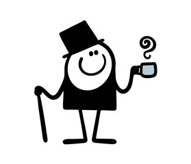 Gentleman from England in a top hat and a black frock coat drinks traditional tea at five clock. Vector illustration of cartoon stickman and hot coffee in cup.
