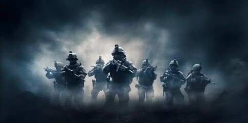 Call of duty special forces soldiers wallpaper. Isolated figures, misty atmosphere created with Generative AI technology  - obrazy, fototapety, plakaty