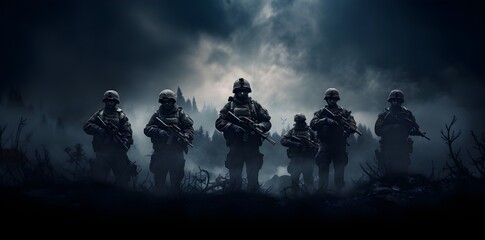Call of duty special forces soldiers wallpaper. Isolated figures, misty atmosphere created with Generative AI technology  - obrazy, fototapety, plakaty