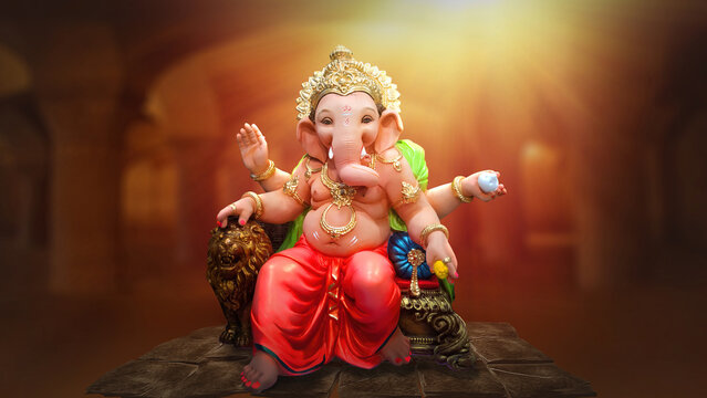 Ganesh Illustration of colorful hindu lord Ganesha on decorative background- Graphical poster modern art 3D wallpaper
