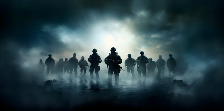 Call of duty special forces soldiers wallpaper. Isolated figures, misty atmosphere created with Generative AI technology 