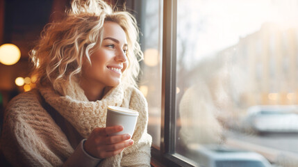 Smiling young blond woman enjoying in her coffee time by the window in cold day. Mental health day. Emotions of happiness and peace of mind.Generative Ai content. - obrazy, fototapety, plakaty