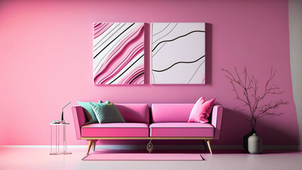 Pink living room with trendy sofa. minimalist design idea style in pastel tones