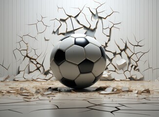 Sport soccer ball coming in cracked wall with grunge texture. Created with Generative AI technology.