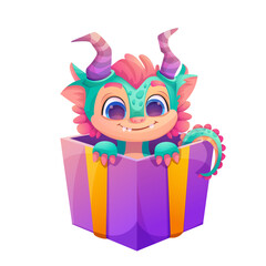 Dragon cartoon character in big gift box, present for New Year with violet and golden colors. For your design, stickers, print on postcard. Vector illustration in cartoon style.