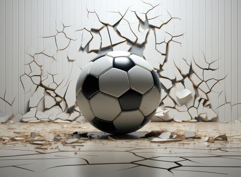 Sport soccer ball coming in cracked wall with grunge texture. Created with Generative AI technology. © lililia