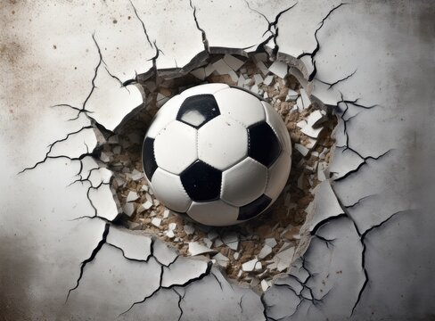 Sport soccer ball coming in cracked wall with grunge texture. Created with Generative AI technology.