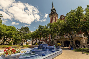 Blue fountain near the town hall in Subotica town Serbia