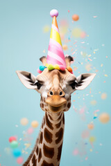 Cute colorful portrait of a giraffe with a prty hat. Birthday, party, pet, decoration. AI generative, illustration