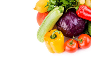 Vegetables and fruits isolated on white . Free space for text.