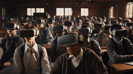 a school class is learning with vr glasses. ai generated