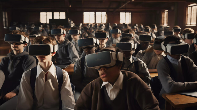 a school class is learning with vr glasses. ai generated