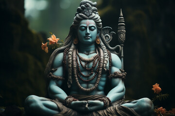 Transcendent Divine Serenity, Hindu God Shiva Statue in Meditation