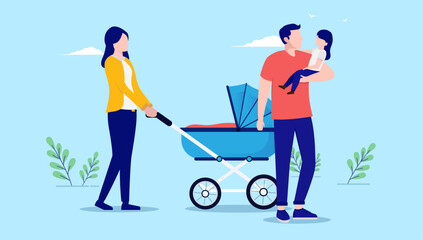 Young parents outdoors - Couple with baby stroller and child walking outside, flat design vector illustration with blue background
