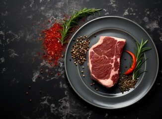 Two raw steak New York with rosemary and spices. Flat lay top view on black stone cutting table. Created with Generative AI technology.