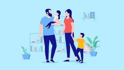 Family with kids - Parents with two children standing indoors in living room. Flat design vector illustration with blue background