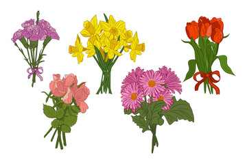 Flat vector bouquets of colored flowers. Bunches of carnations, roses, daffodils, gerberas, tulips on white background. Vibrant floral compositions. Ideal for greeting card, invitation, banner