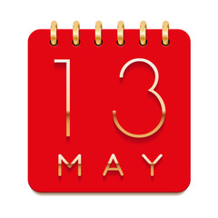 13 day of the month. May. Luxury calendar daily icon. Date day week Sunday, Monday, Tuesday, Wednesday, Thursday, Friday, Saturday. Gold text. Red paper. Vector illustration