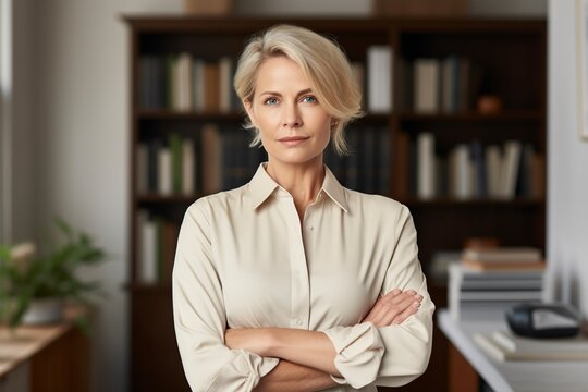 confident elegant mature woman standing at home