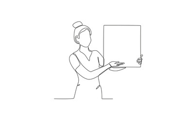 A woman presenting her portfolio. Presentation one-line drawing