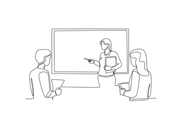 A woman presented in front of the class. Presentation one-line drawing