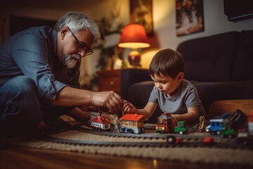 grandfather and grandson playing with a train set