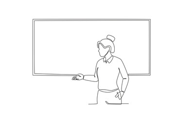 A woman explains the results of her presentation. Presentation one-line drawing
