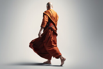 Buddhist monk from the back walking on white background. Buddhist monk dressed as a monk walking calmly in the style of an ancient wise man. Realistic 3D illustration. Generative AI - obrazy, fototapety, plakaty