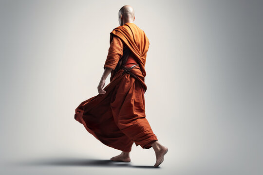 Buddhist monk from the back walking on white background. Buddhist monk dressed as a monk walking calmly in the style of an ancient wise man. Realistic 3D illustration. Generative AI