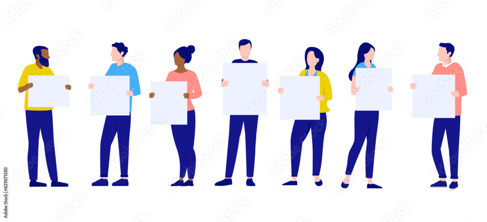 Poster Group of people holding posters - Vector characters with blank empty signs in hands. Flat design vector illustration with white background