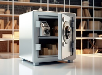 Small modern safe on shelf. Created with Generative AI technology. - obrazy, fototapety, plakaty