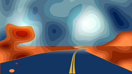 Abstract landscape with a blue road among the hills. Vector illustration