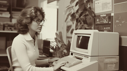 Vintage Office Vibes: Woman with Old Computer