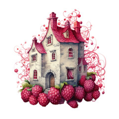 Watercolor illustration red berries srawberry houses clipart, book decor, best selling, fairytale art, generation ai