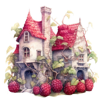 Watercolor illustration red berries srawberry houses clipart, book decor, best selling, fairytale art, generation ai