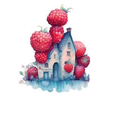 Watercolor illustration red berries srawberry houses clipart, book decor, best selling, fairytale art, generation ai