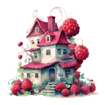 Watercolor illustration red berries srawberry houses clipart, book decor, best selling, fairytale art, generation ai